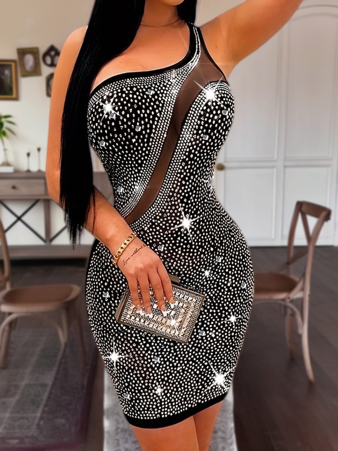 Shiny Rhinestone Sheer Mesh Panel Dress, Sexy & Charming One Shoulder Sleeveless Bodycon Dress For Party & Banquet, Women's Clothing